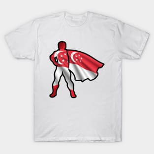 Singapore Hero Wearing Cape of Singaporean Flag and Peace in Singapore T-Shirt